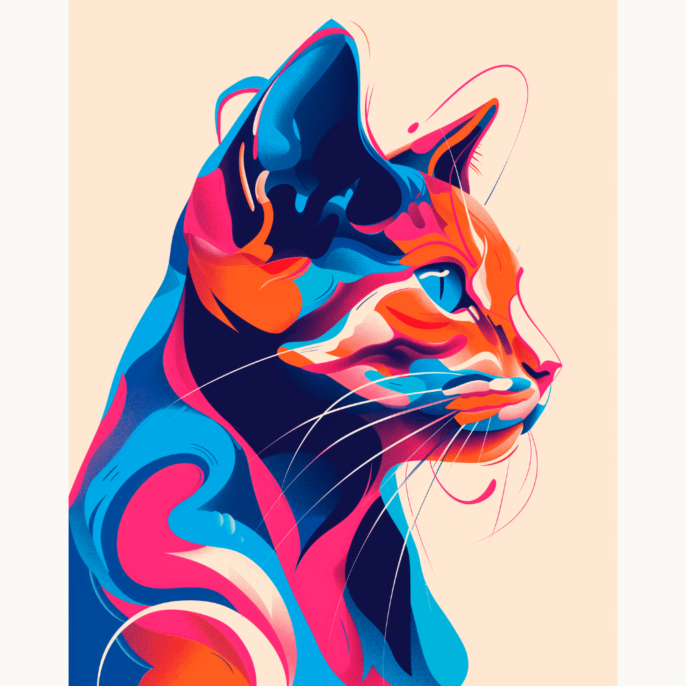 A colorful cat portrait with vibrant hues and swirling patterns.