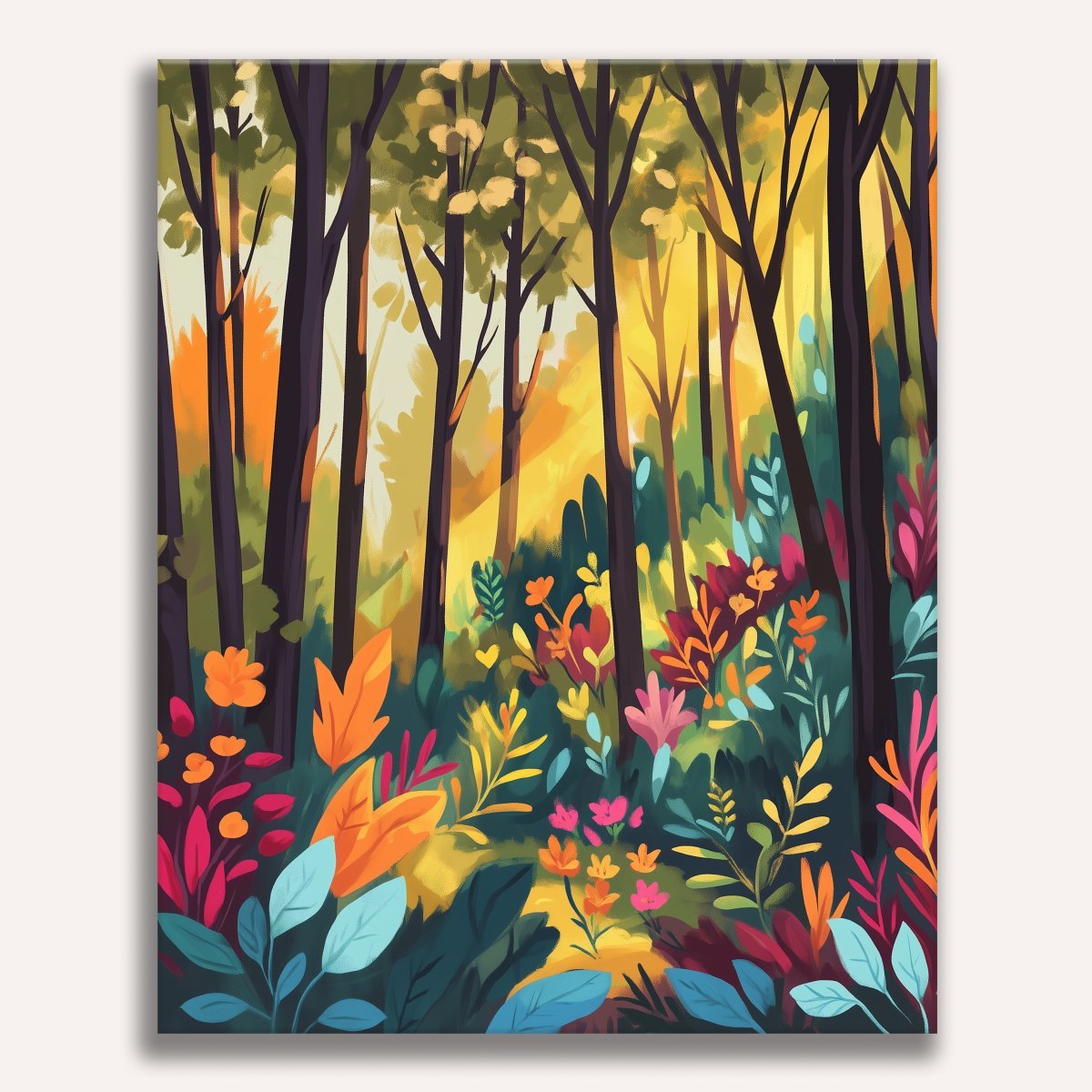 A vibrant illustration features a forest of tall trees lush with green leaves.