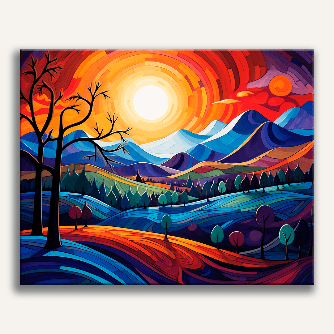 This is a vibrant and colorful landscape painting depicting a rural scene at sunset or sunrise.