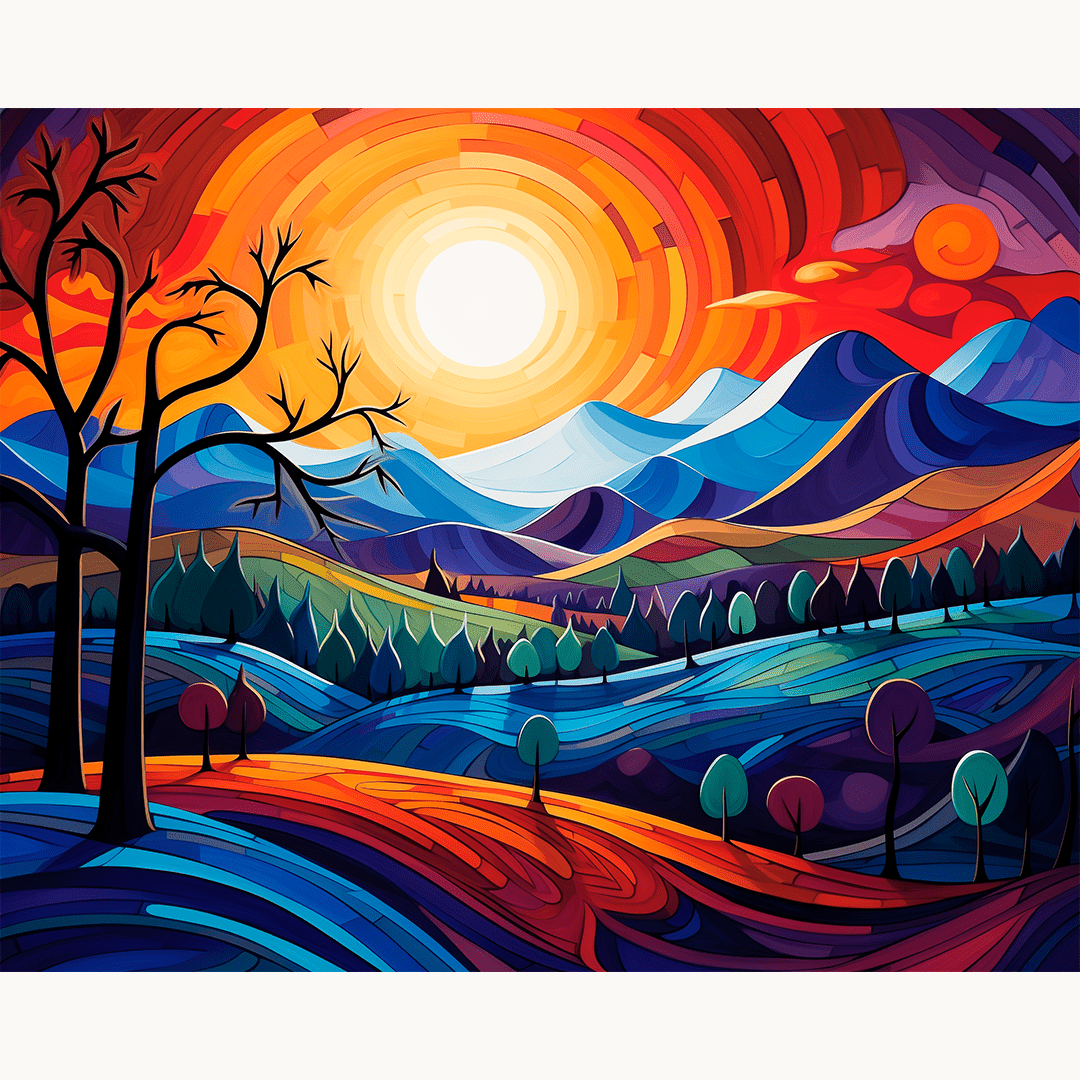 This is a vibrant and colorful landscape painting depicting a rural scene at sunset or sunrise.