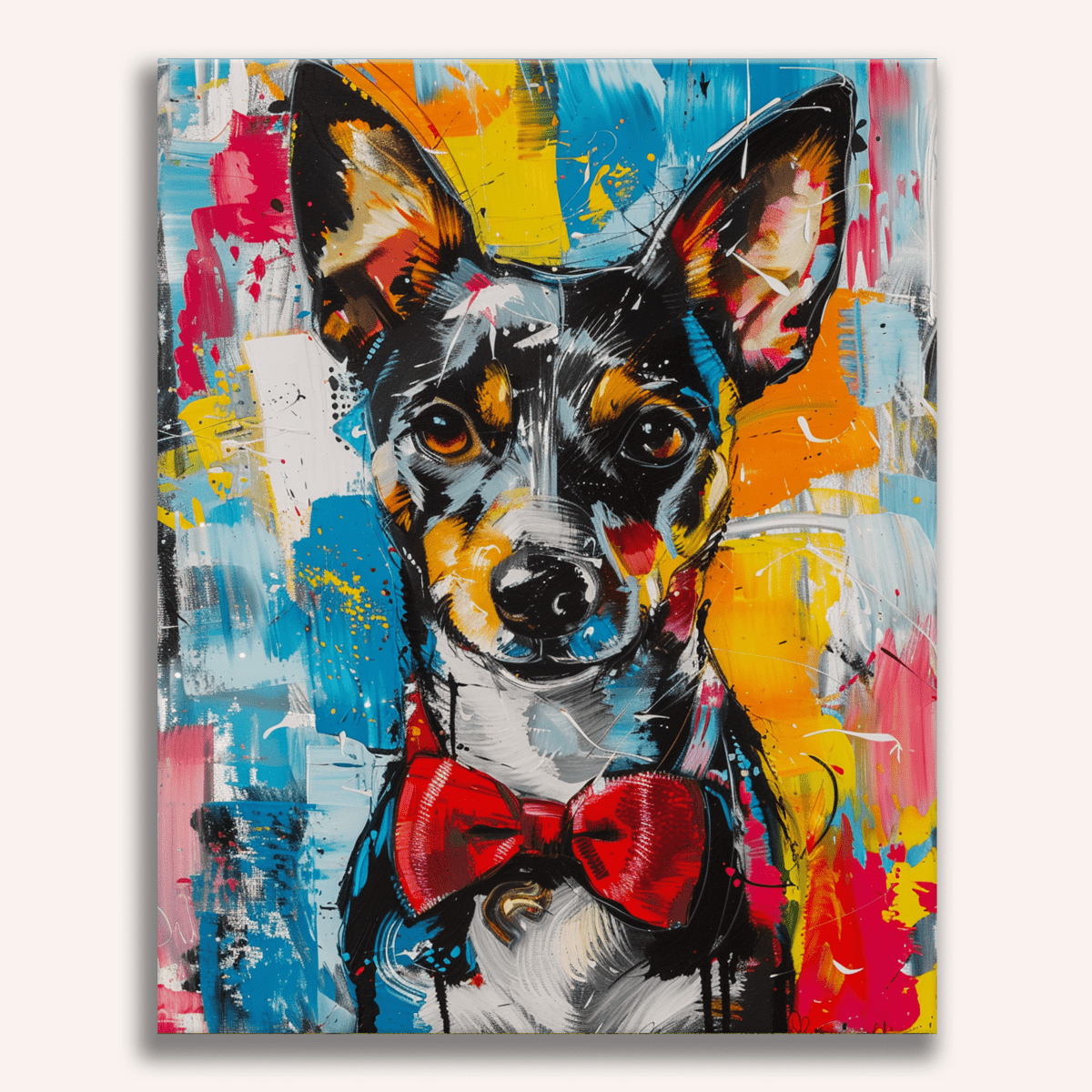 This is a vivid and colorful artwork featuring a dog wearing a red bow tie.