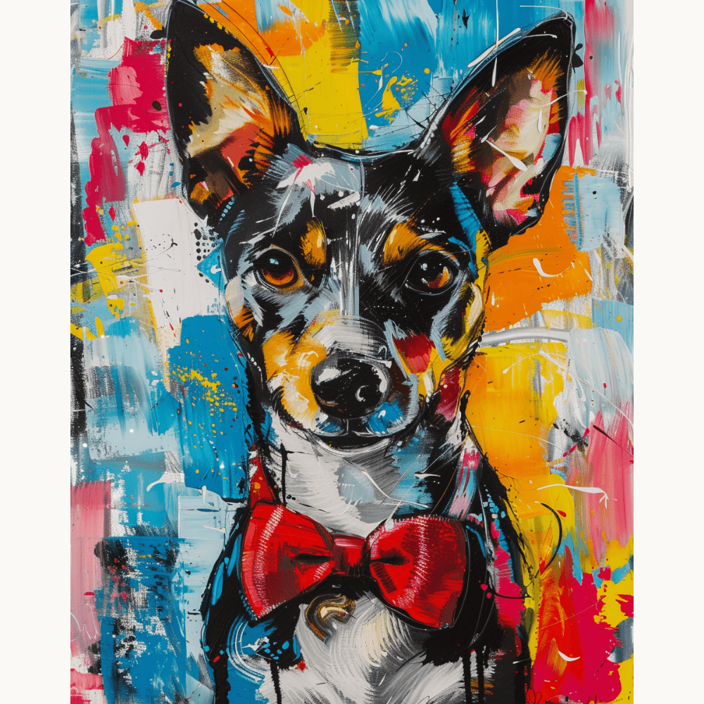 This is a vivid and colorful artwork featuring a dog wearing a red bow tie.
