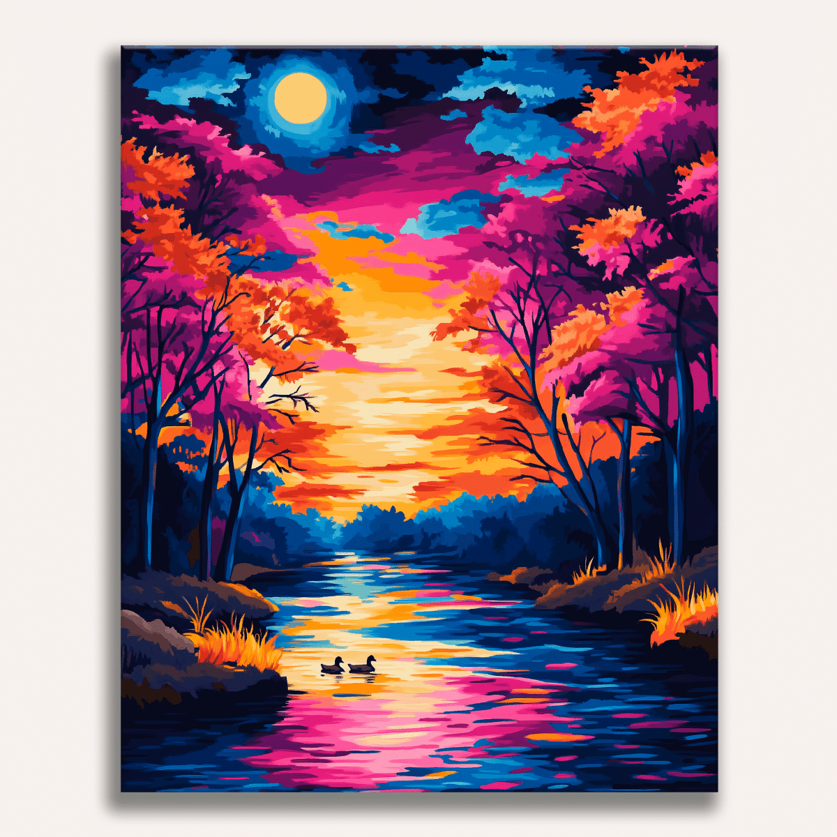 In the image, a vibrant sunset paints the sky with hues of purple and pink, illuminating the silhouette of trees on either side of a winding river.