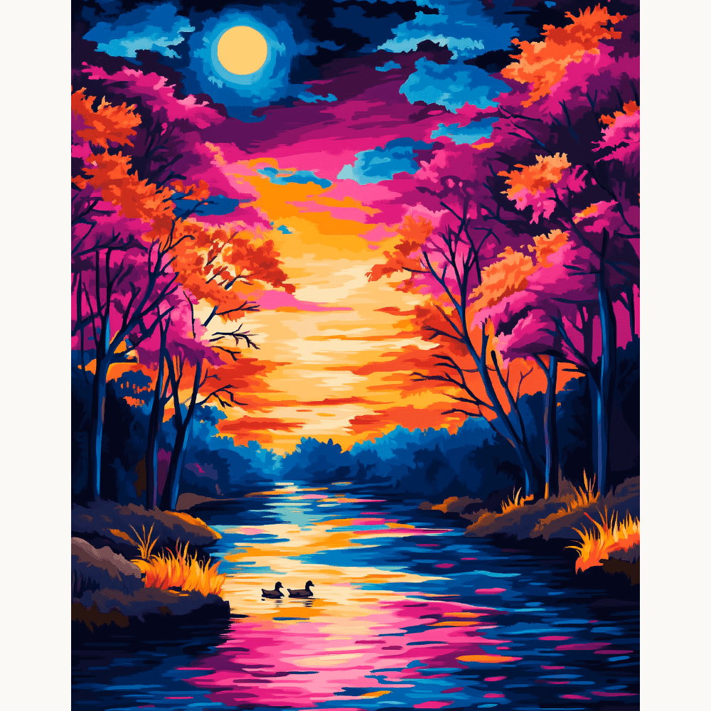 In the image, a vibrant sunset paints the sky with hues of purple and pink, illuminating the silhouette of trees on either side of a winding river.