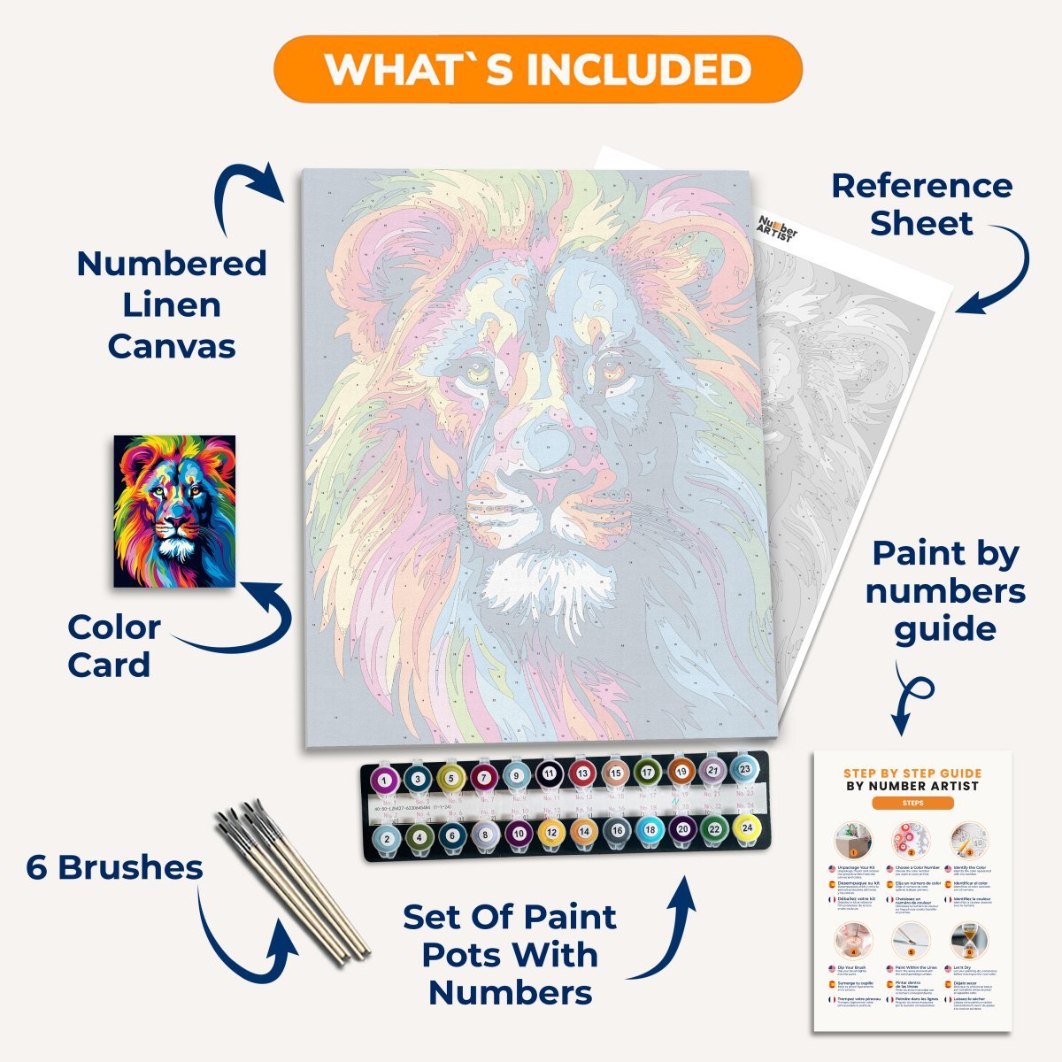 The image features a vibrant, stylized portrait of a lion's head on a black background.