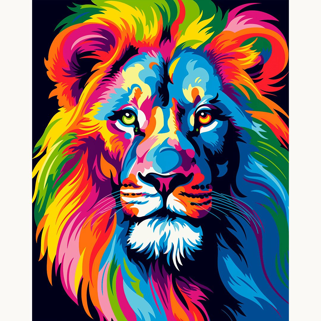 The image features a vibrant, stylized portrait of a lion's head on a black background.