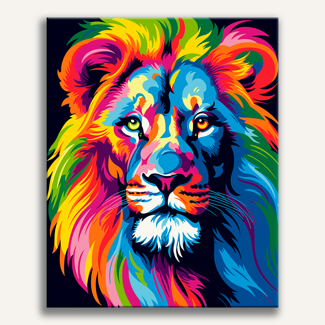 The image features a vibrant, stylized portrait of a lion's head on a black background.