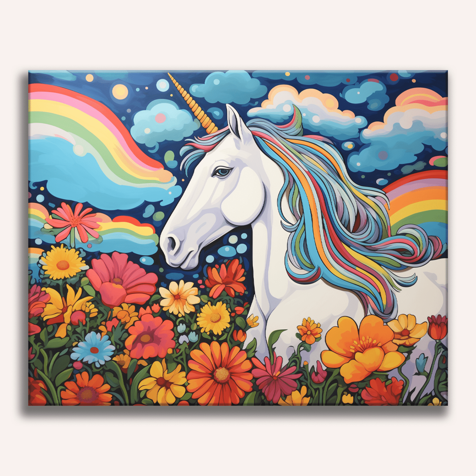 The image features a vibrant unicorn standing amidst a field of flowers.
