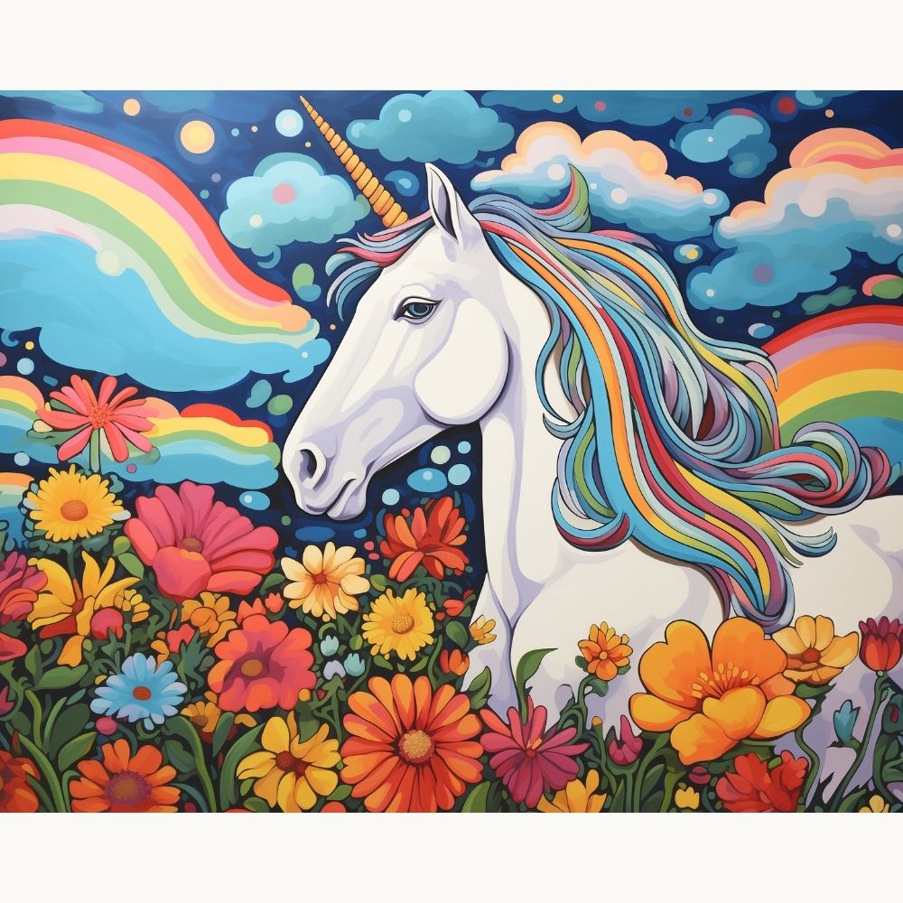 The image features a vibrant unicorn standing amidst a field of flowers.