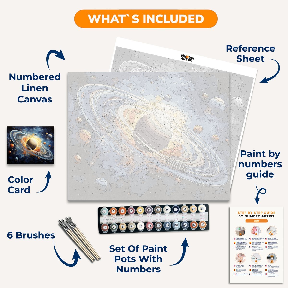 The image presents a vibrant and dynamic scene centered around a black planet with multiple moons orbiting around it, set against the backdrop of a deep blue sky speckled with numerous stars.