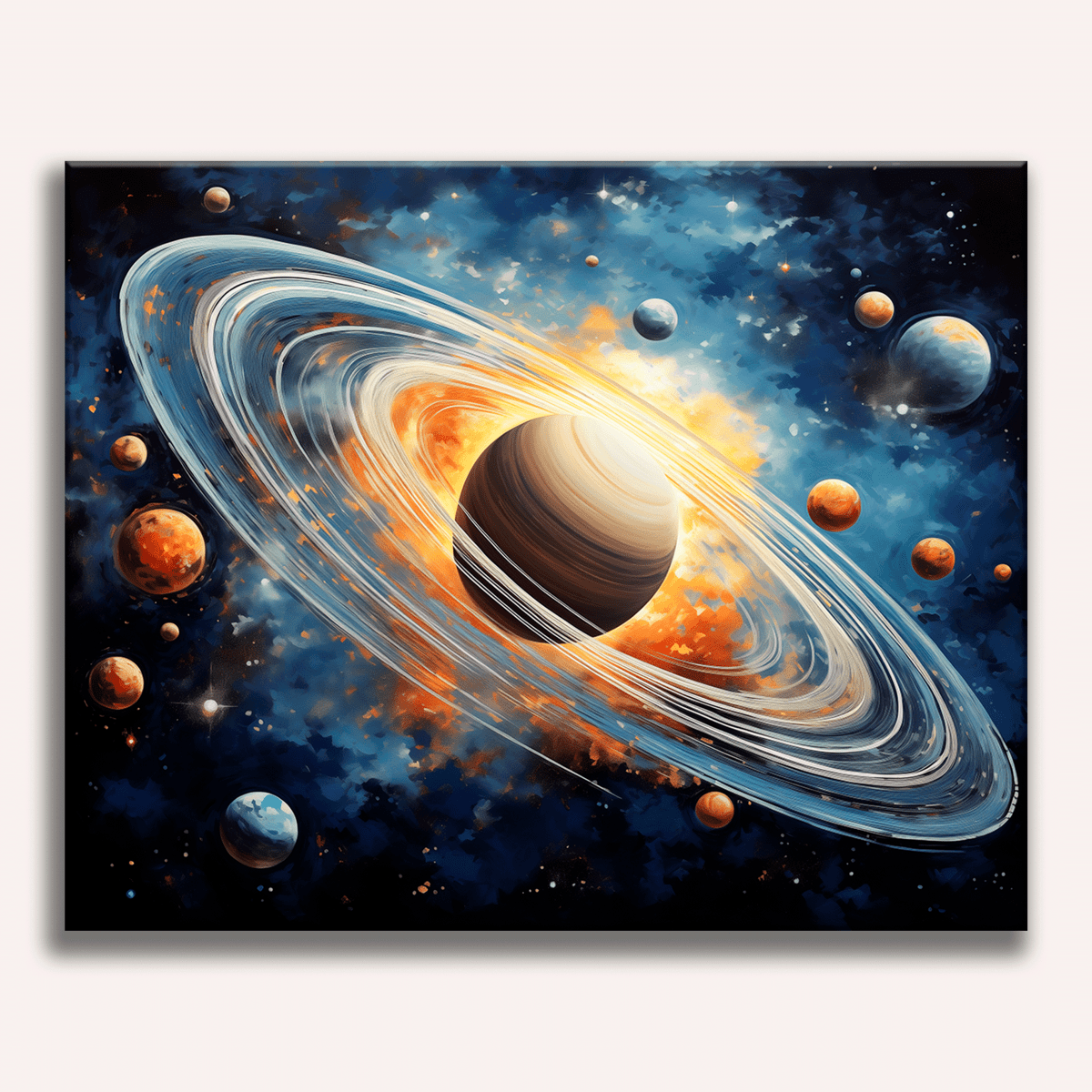 The image presents a vibrant and dynamic scene centered around a black planet with multiple moons orbiting around it, set against the backdrop of a deep blue sky speckled with numerous stars.