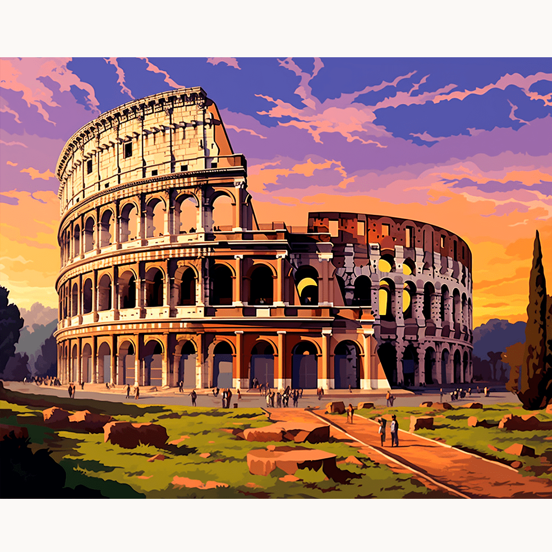 A digital artwork depicts a renowned landmark, the Ancient Temple of Olympus, set against the backdrop of a clear sky and a warm sunset.