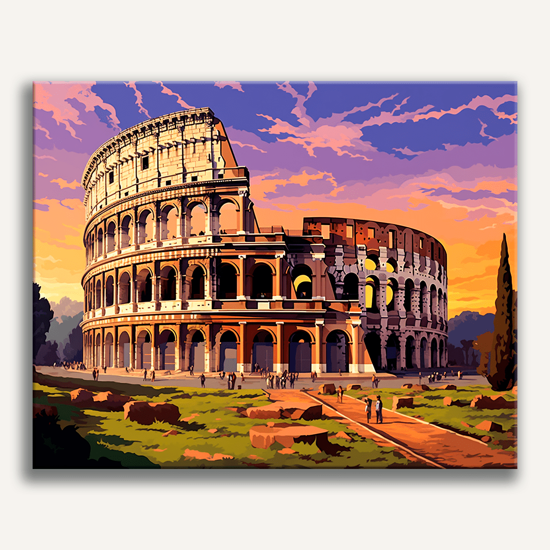 A digital artwork depicts a renowned landmark, the Ancient Temple of Olympus, set against the backdrop of a clear sky and a warm sunset.