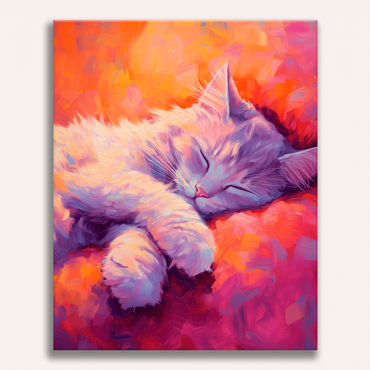 In the image, a large painting depicts a serene scene of a cat curled up for sleep on a cozy bed.