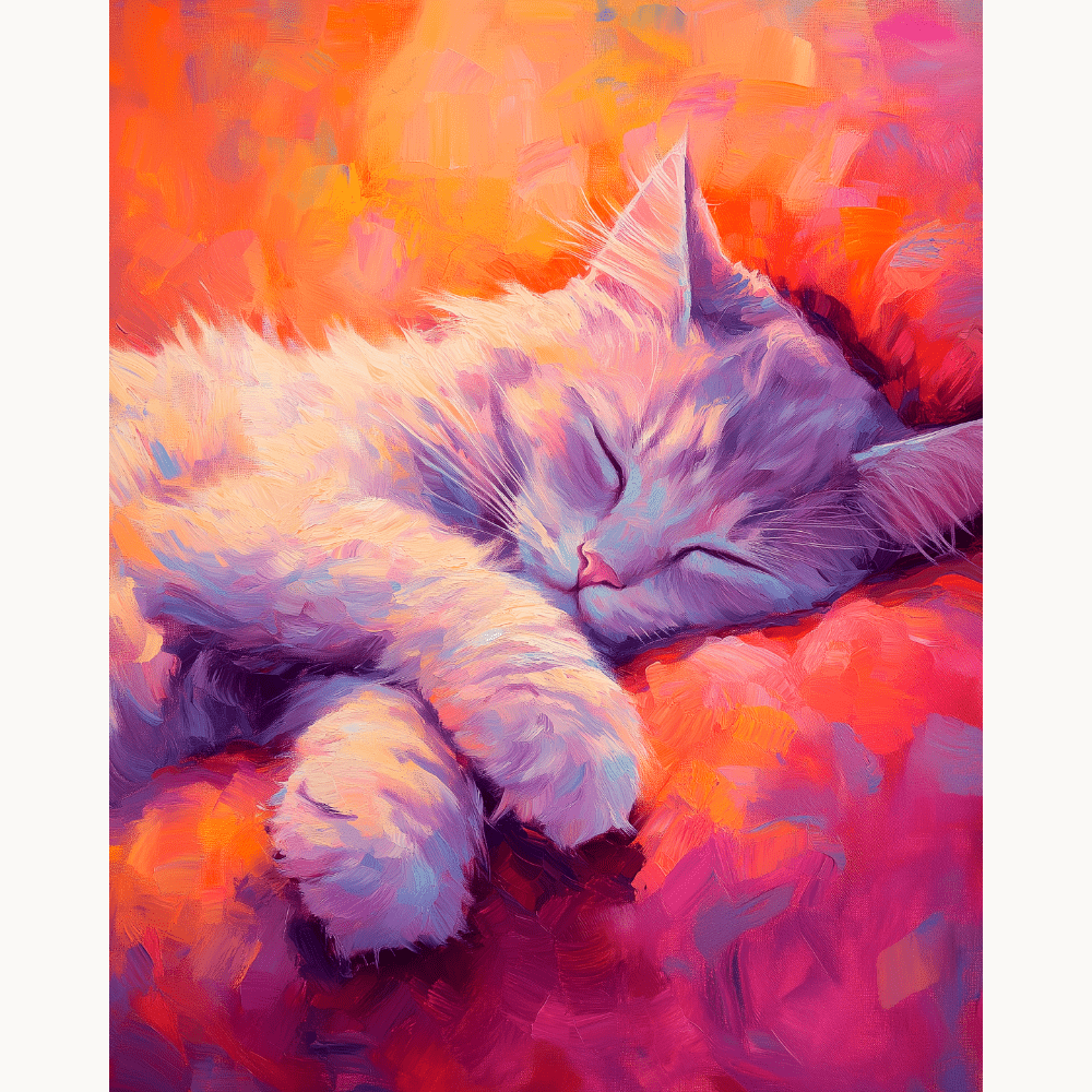 In the image, a large painting depicts a serene scene of a cat curled up for sleep on a cozy bed.