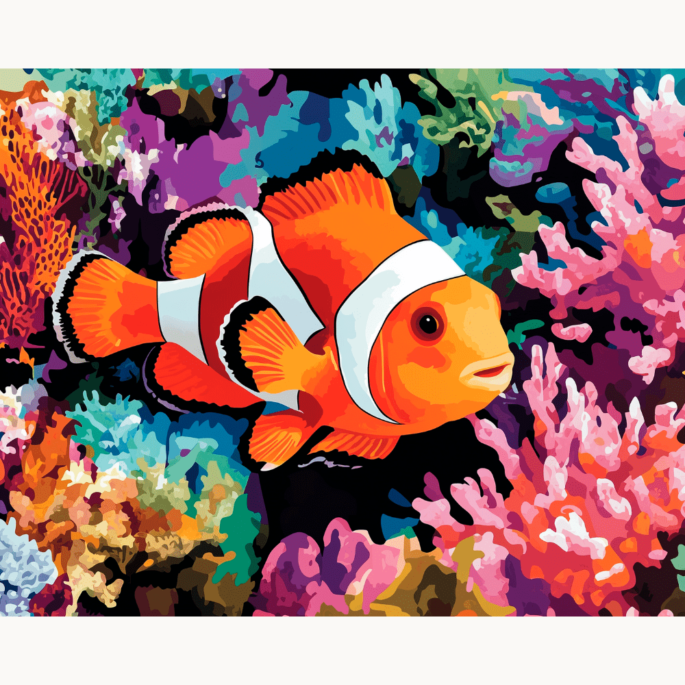 The image features a vibrant underwater scene with an orange clownfish at its center.