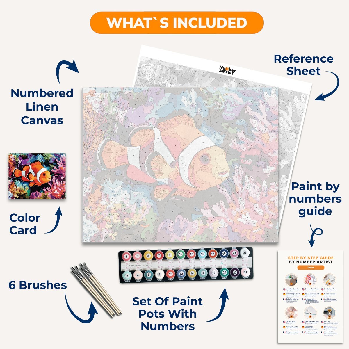 The image features a vibrant underwater scene with an orange clownfish at its center.