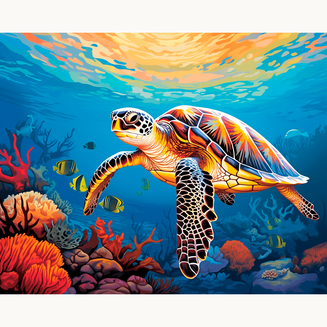 A sea turtle in vibrant tropical colors swims through an underwater scene, surrounded by colorful fish and coral, set against a backdrop of sunlit turquoise water..