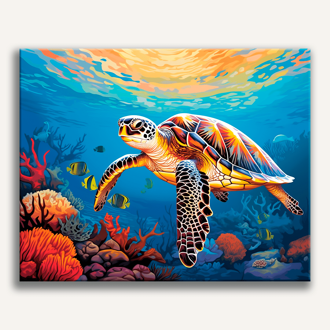 A sea turtle in vibrant tropical colors swims through an underwater scene, surrounded by colorful fish and coral, set against a backdrop of sunlit turquoise water..