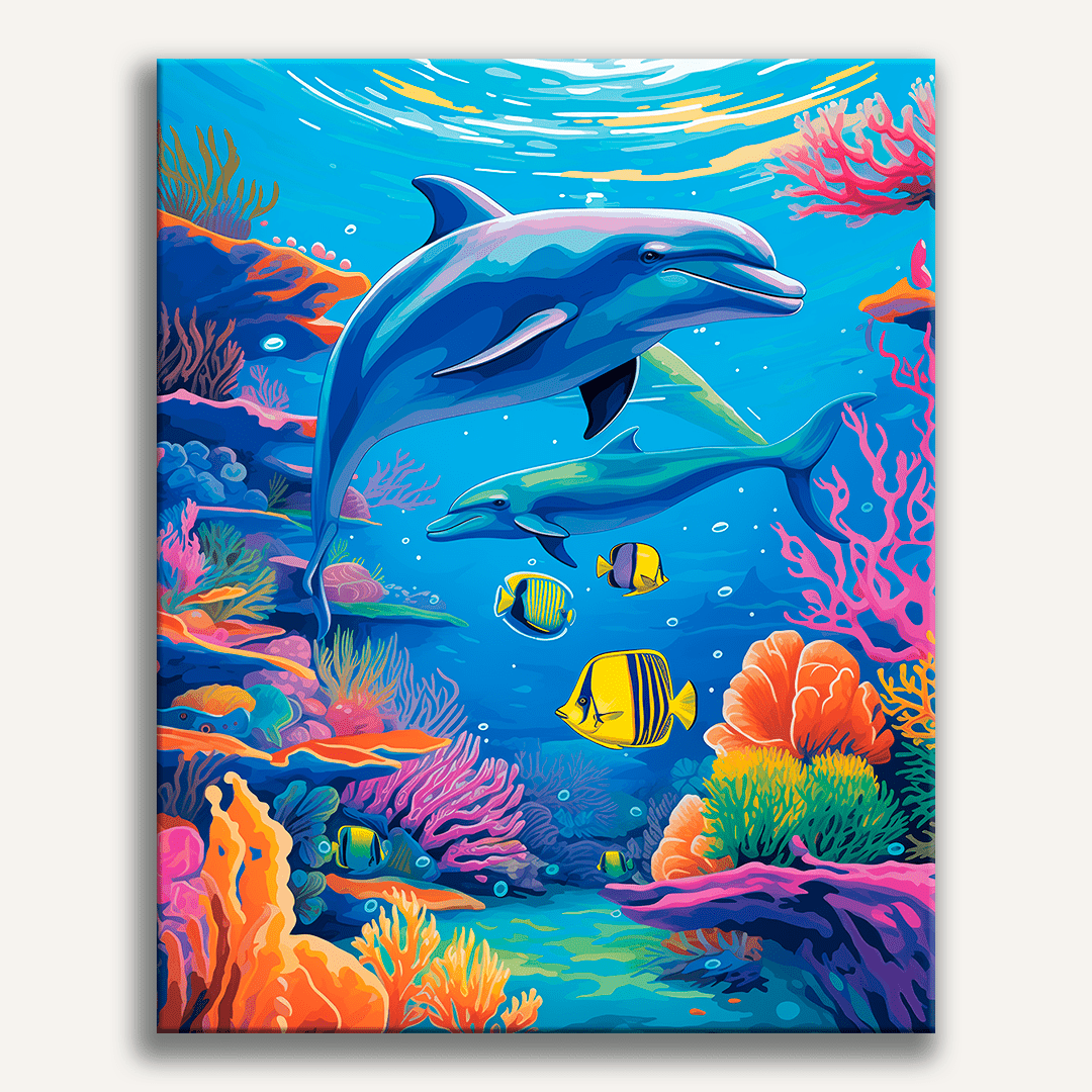 A vibrant underwater scene featuring a blue dolphin and two yellow fish swimming amidst colorful coral reefs and an array of diverse marine life..