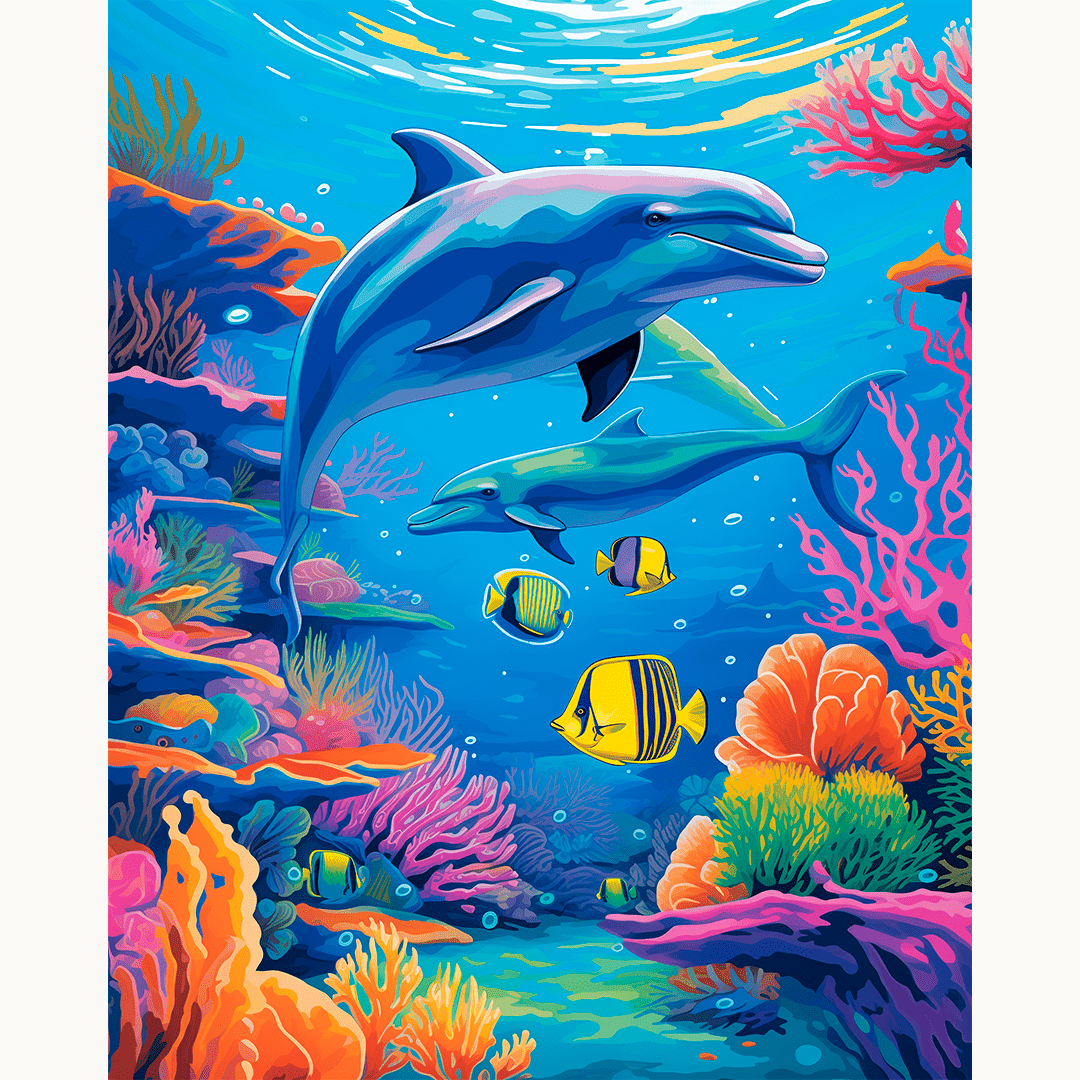 A vibrant underwater scene featuring a blue dolphin and two yellow fish swimming amidst colorful coral reefs and an array of diverse marine life..