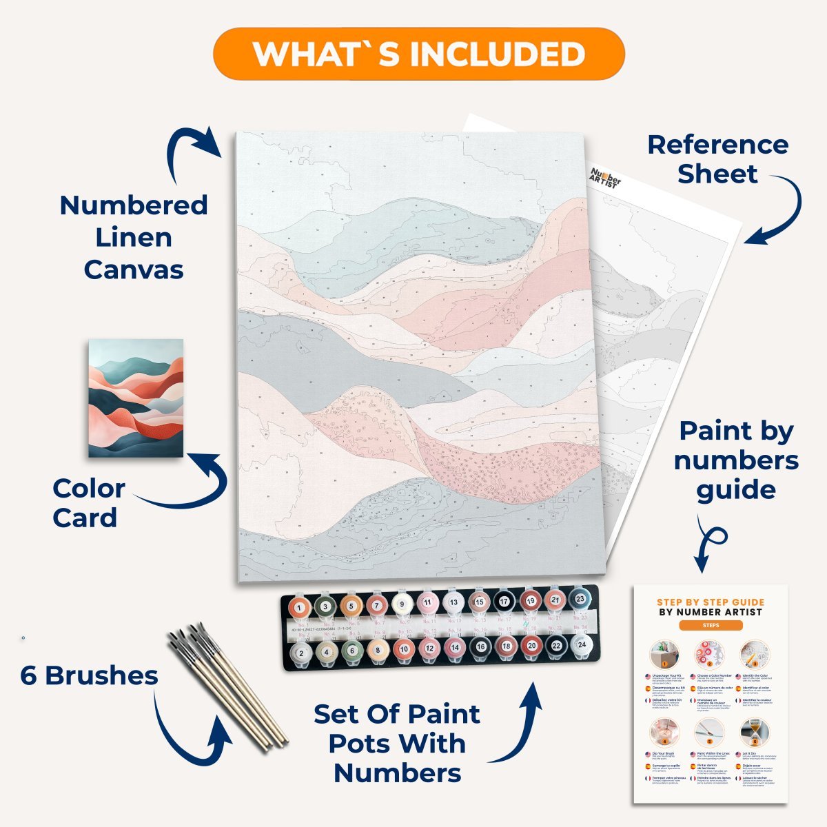 The image showcases a canvas print featuring an abstract landscape composed of curved lines and shapes.