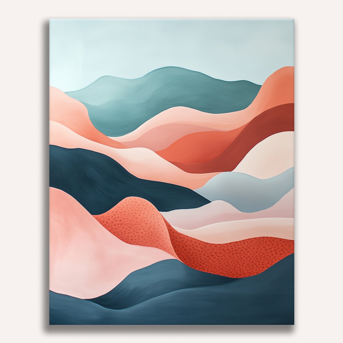 The image showcases a canvas print featuring an abstract landscape composed of curved lines and shapes.
