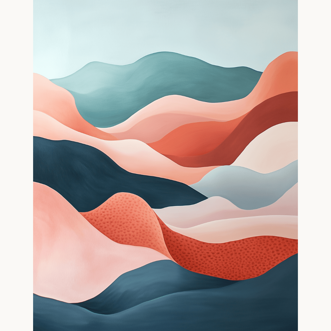 The image showcases a canvas print featuring an abstract landscape composed of curved lines and shapes.