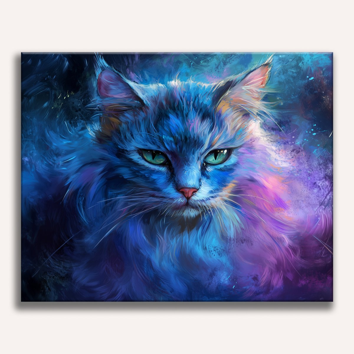 A digital artwork depicts a majestic blue cat with striking yellow eyes, set against a vibrant nebula-like background..