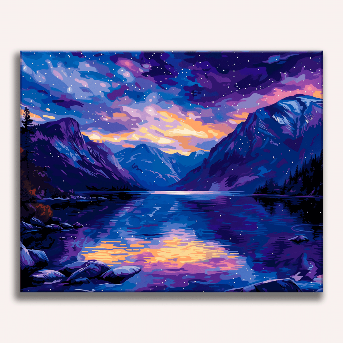 The image depicts a vibrant night scene featuring a serene lake nestled between majestic mountains under a starlit sky.