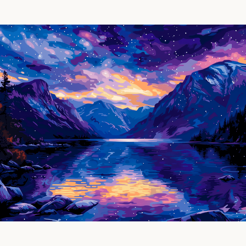 The image depicts a vibrant night scene featuring a serene lake nestled between majestic mountains under a starlit sky.