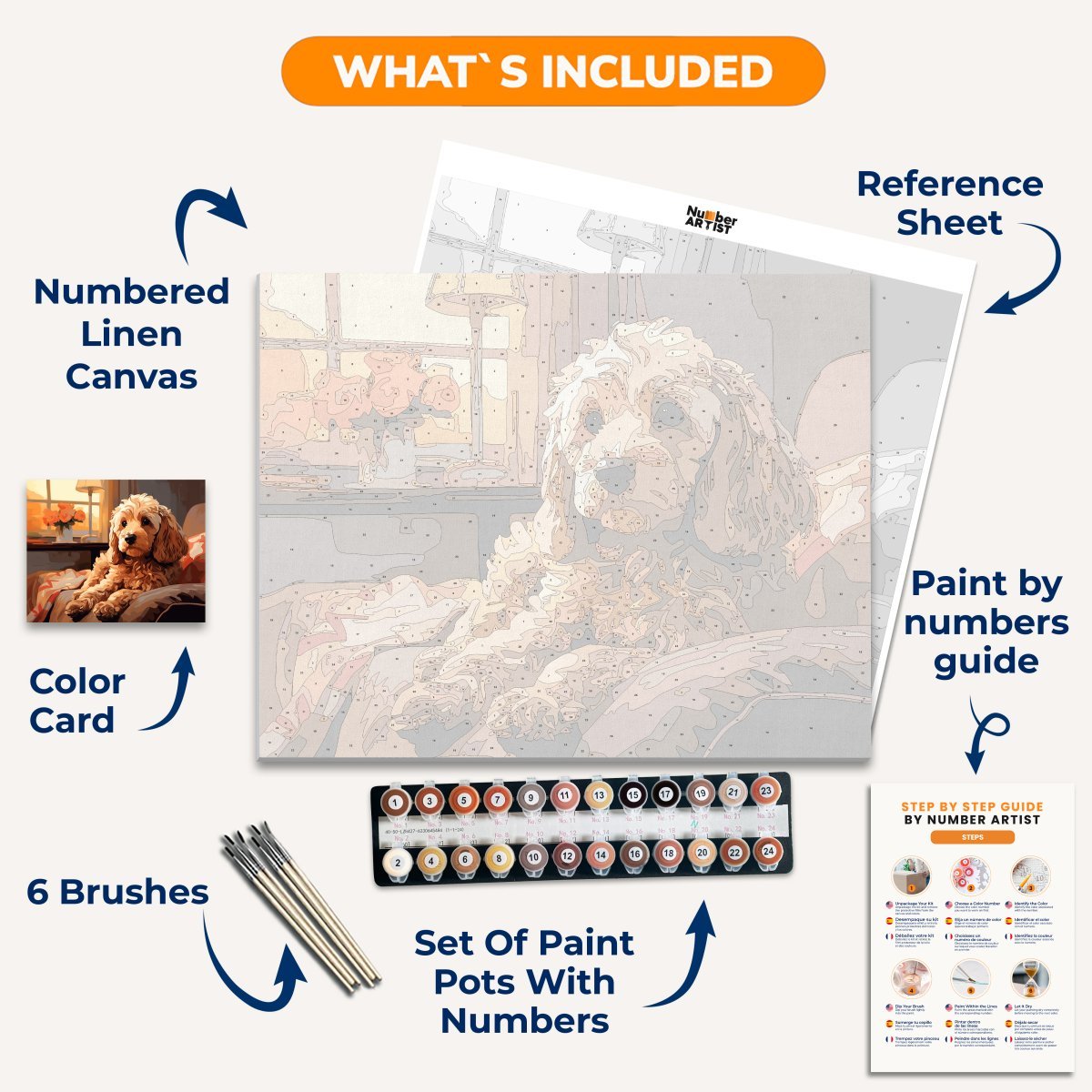 A digital illustration portrays a golden dog seated on a couch indoors, looking directly at the viewer, with a warm sunset glowing through the window behind the pet.