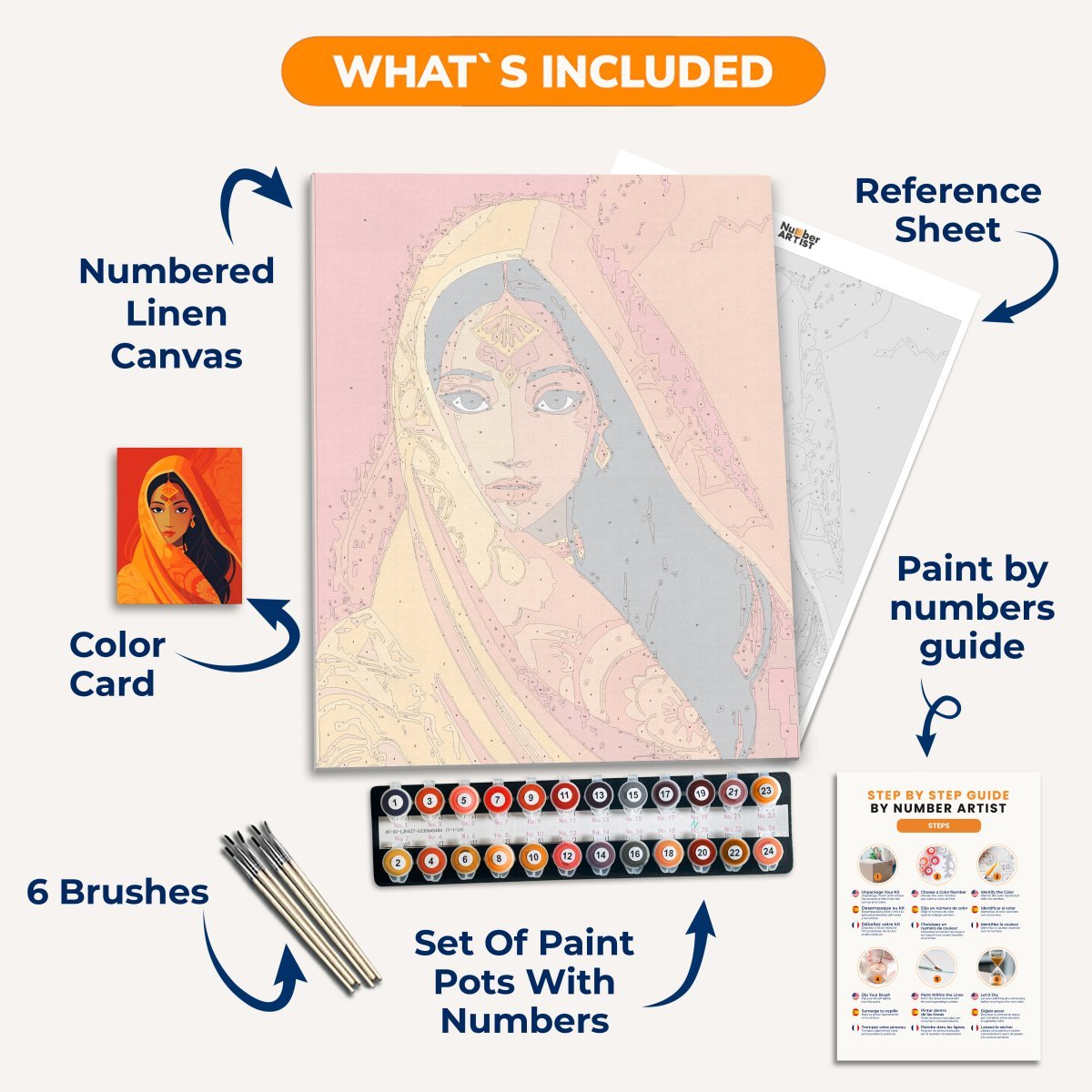 The image presents a vivid and stylized portrait of a person, cloaked in an orange garment that contrasts sharply against their dark skin and hair.