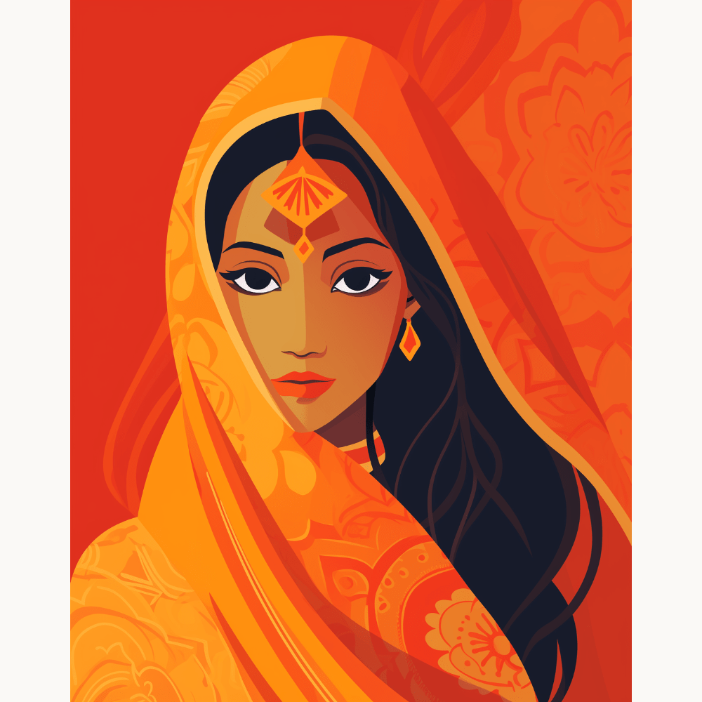 The image presents a vivid and stylized portrait of a person, cloaked in an orange garment that contrasts sharply against their dark skin and hair.