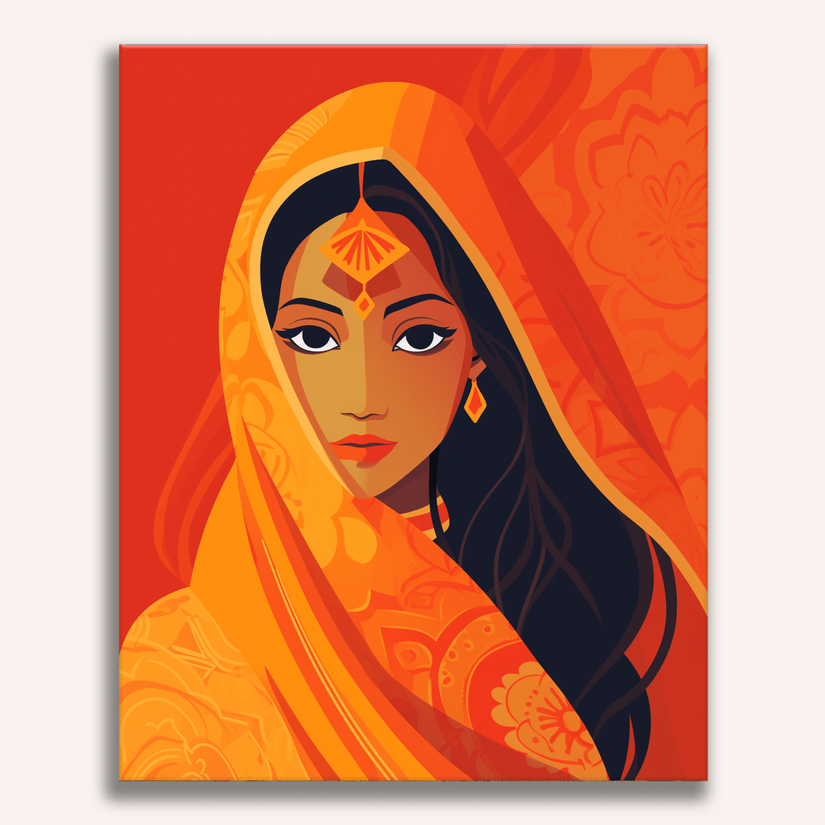 The image presents a vivid and stylized portrait of a person, cloaked in an orange garment that contrasts sharply against their dark skin and hair.