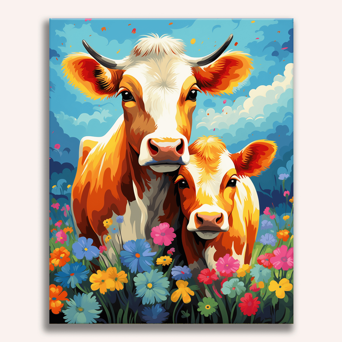 This is a vibrant and colorful painting featuring two cows standing side by side in a field.
