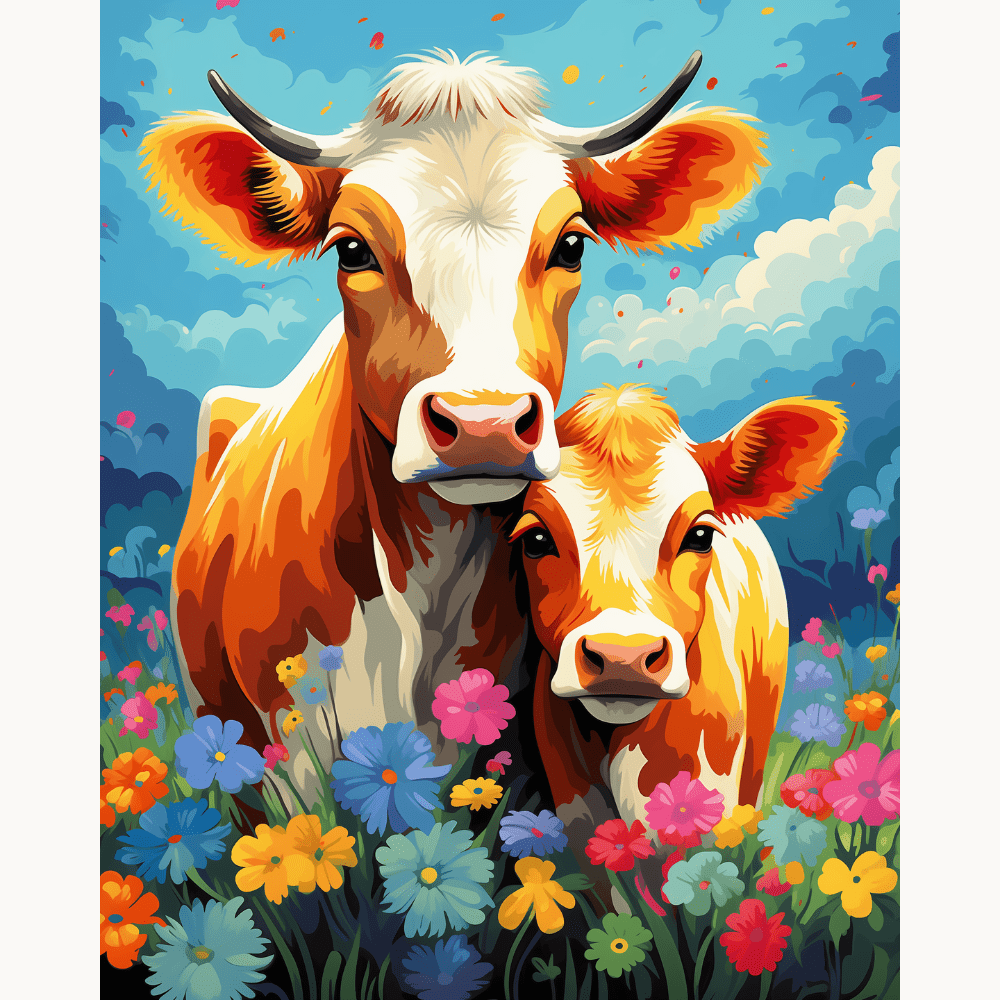 This is a vibrant and colorful painting featuring two cows standing side by side in a field.