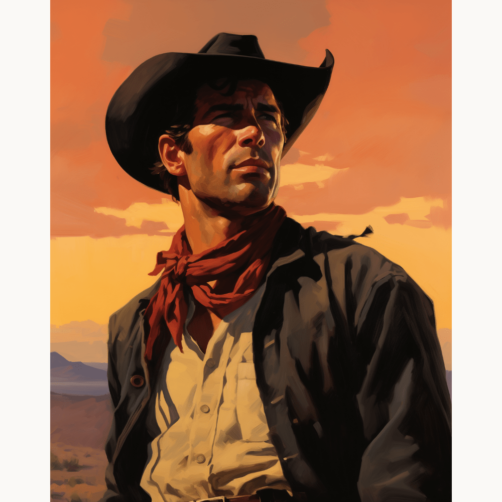 The image features a painting of a man in a cowboy outfit, standing in a dramatic pose against a backdrop that suggests a Western setting.