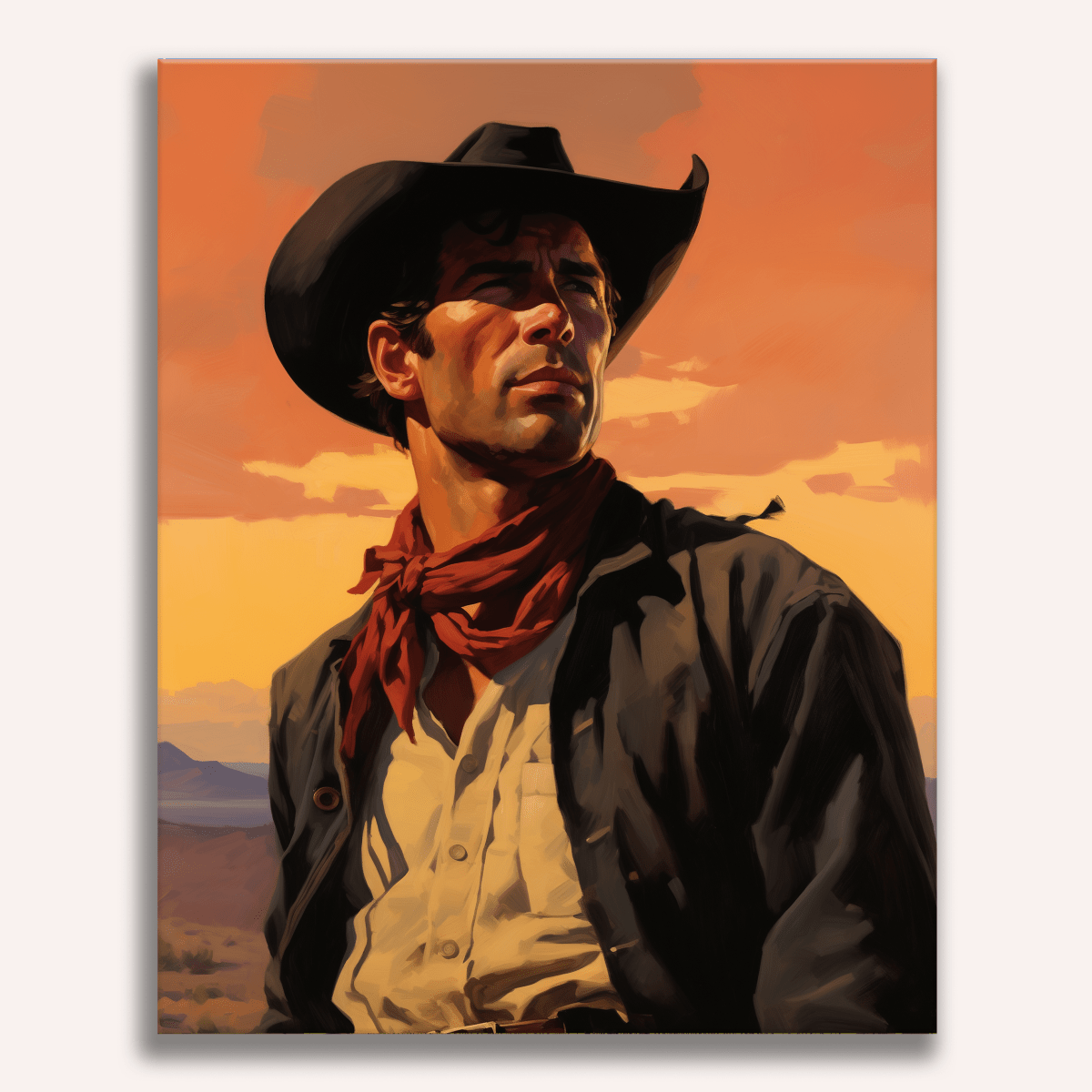 The image features a painting of a man in a cowboy outfit, standing in a dramatic pose against a backdrop that suggests a Western setting.