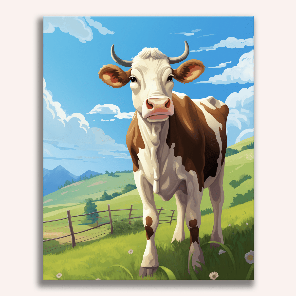 A cartoon depicts a large brown and white cow standing in a pasture.
