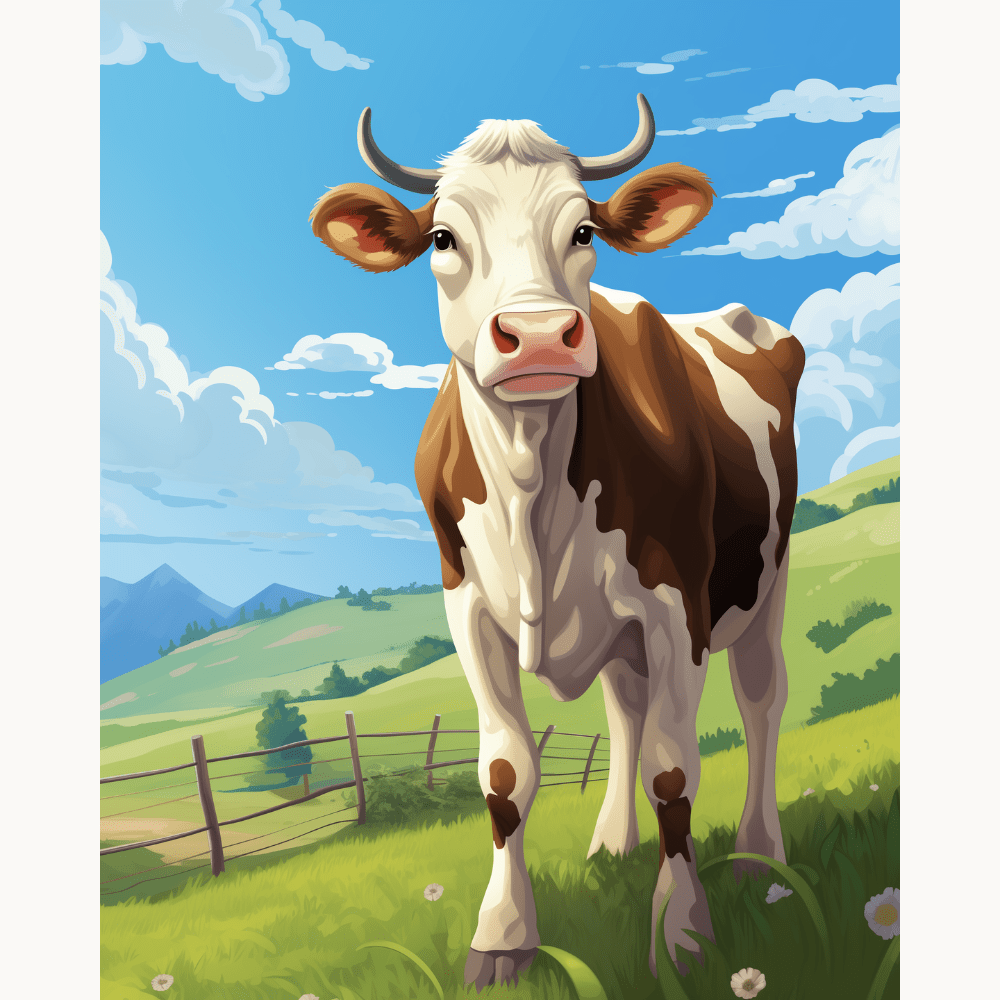 A cartoon depicts a large brown and white cow standing in a pasture.