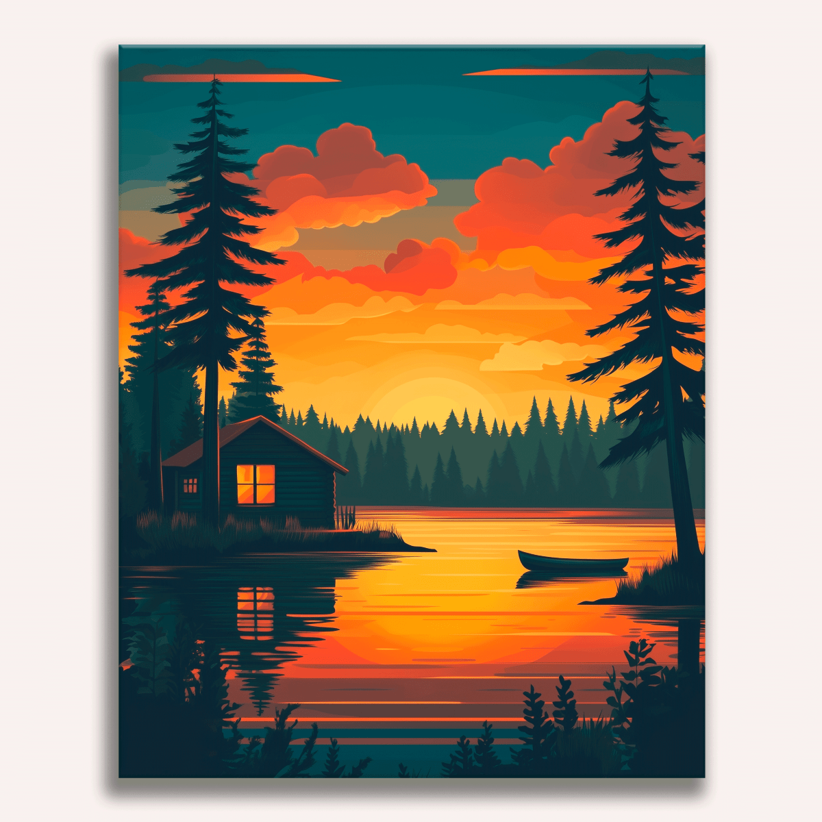 A serene landscape features a cabin on the edge of a lake under a sunset sky.