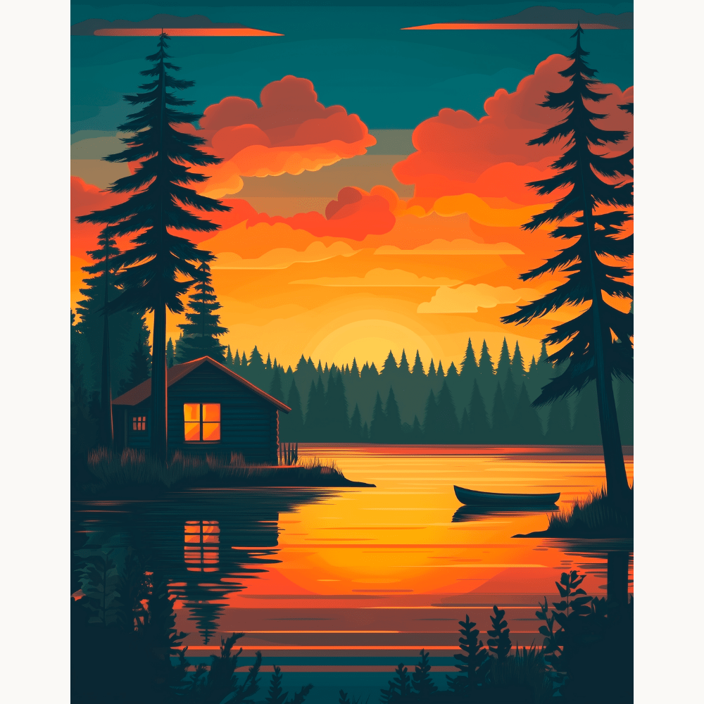 A serene landscape features a cabin on the edge of a lake under a sunset sky.