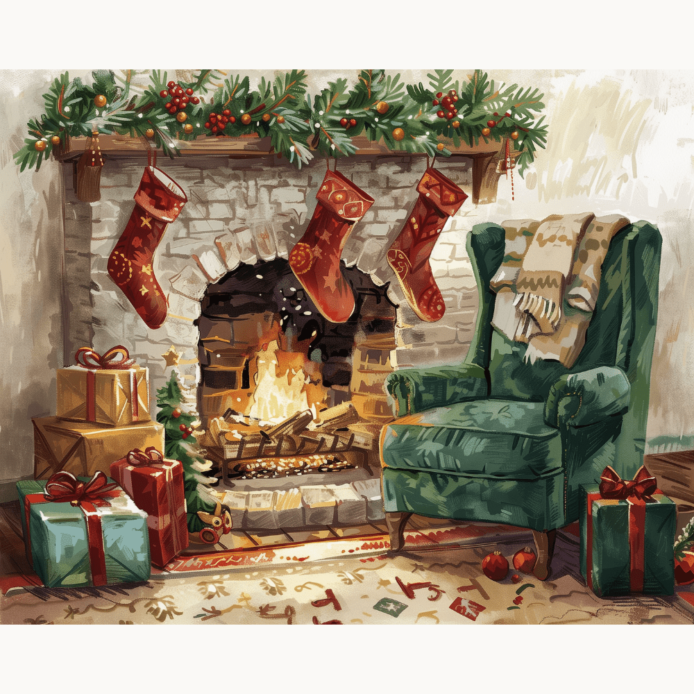 A cozy fireplace scene, where a chair sits before it, adorned with three stockings hanging from the mantle.