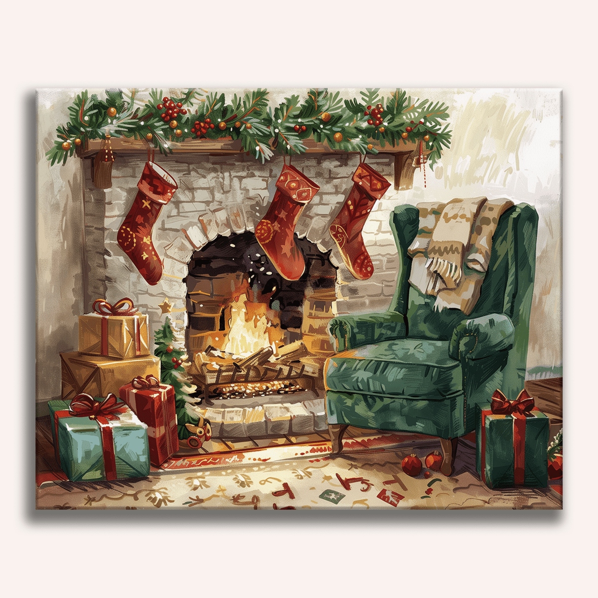 A cozy fireplace scene, where a chair sits before it, adorned with three stockings hanging from the mantle.