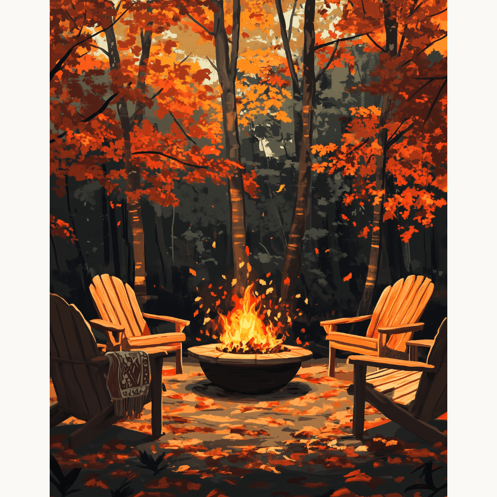 A cozy fall scene featuring a campfire between two wooden chairs on what appears to be a woodland deck.