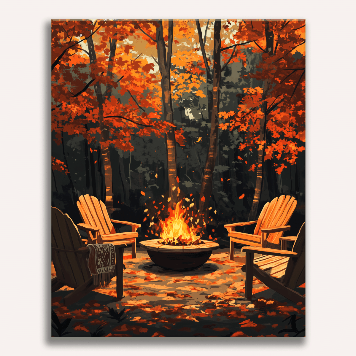 A cozy fall scene featuring a campfire between two wooden chairs on what appears to be a woodland deck.