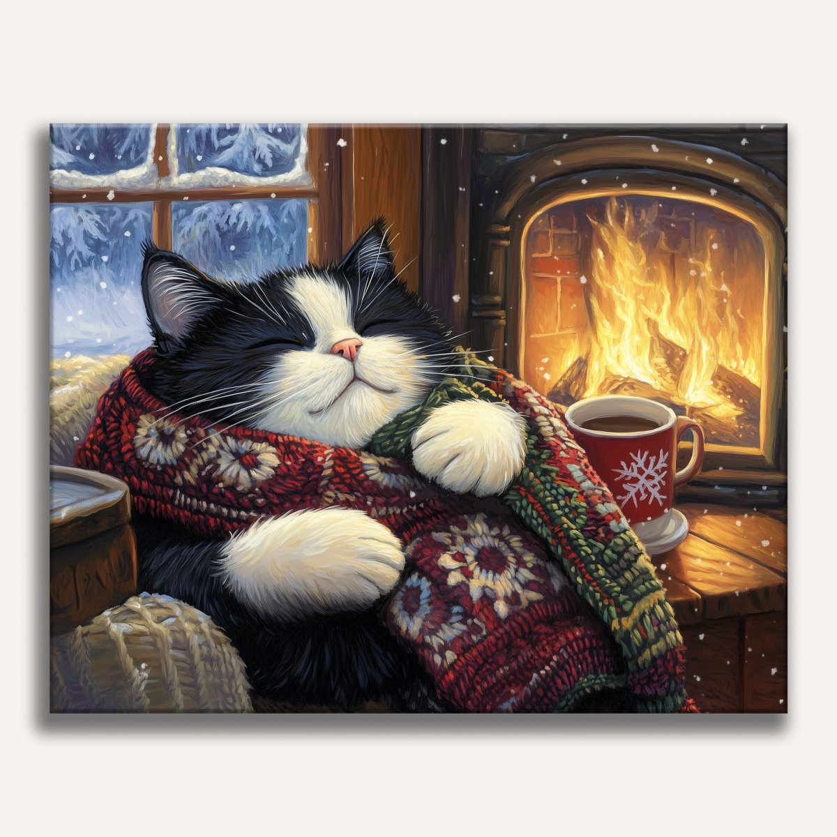 In this festive winter scene, a brown and white cat sits cozily on a sofa near an unlit fireplace, exuding contentment.