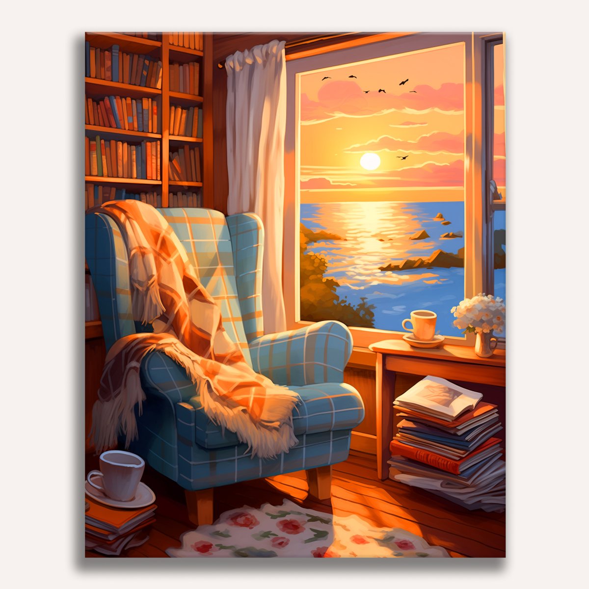 A cozy room at sunset.