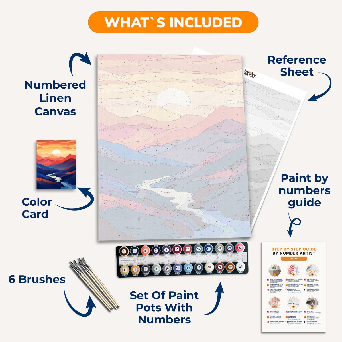 A vibrant landscape print featuring a majestic mountain range with a winding river at its base, set against the backdrop of a dramatic sunset or sunrise with clouds..